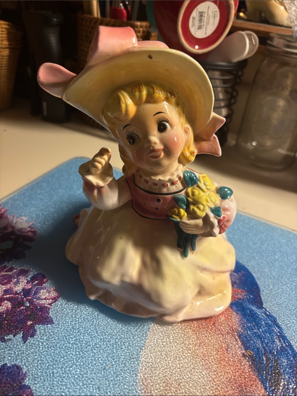 Enesco Vintage Pink and Cream Ceramic Girl Figurine with Yellow Bouquet “50’s”